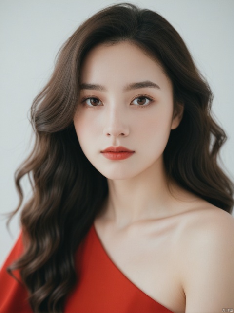  [woman with white skin: 1.2, long curly hair: 1.2, elegant red dress, flat nose, bright brown eyes], portrait, VSCO filter: C8)