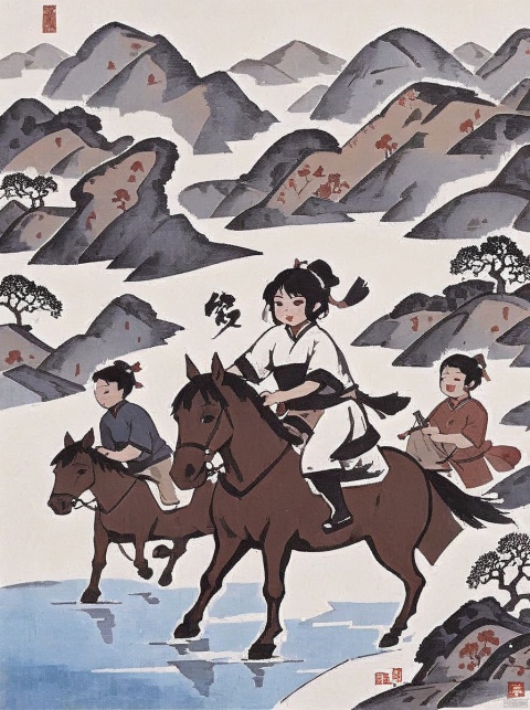  black hair, multiboys, female focus,The song Dynasty played polo, riding, brown horse, fine art parody, horseback riding,hills in the background, traditional chinese ink painting, Diwang