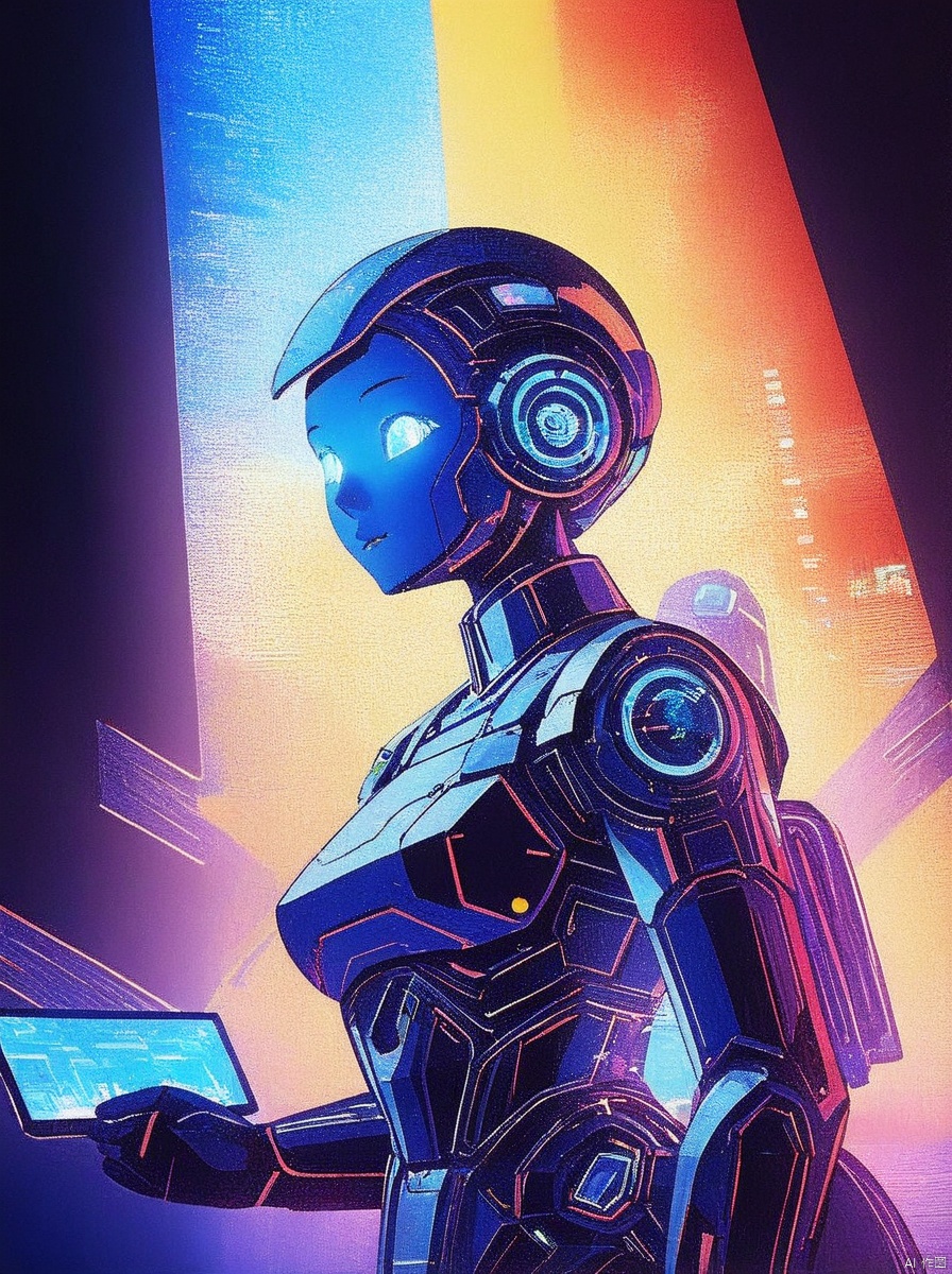 The technological revolution in artificial intelligence. This could be depicted as a futuristic scene with advanced AI robots, cutting-edge technology, and immersive virtual environments. The artwork should have a sci-fi style with cinematic lighting and vivid colors, showcasing the impact of AI on the world.