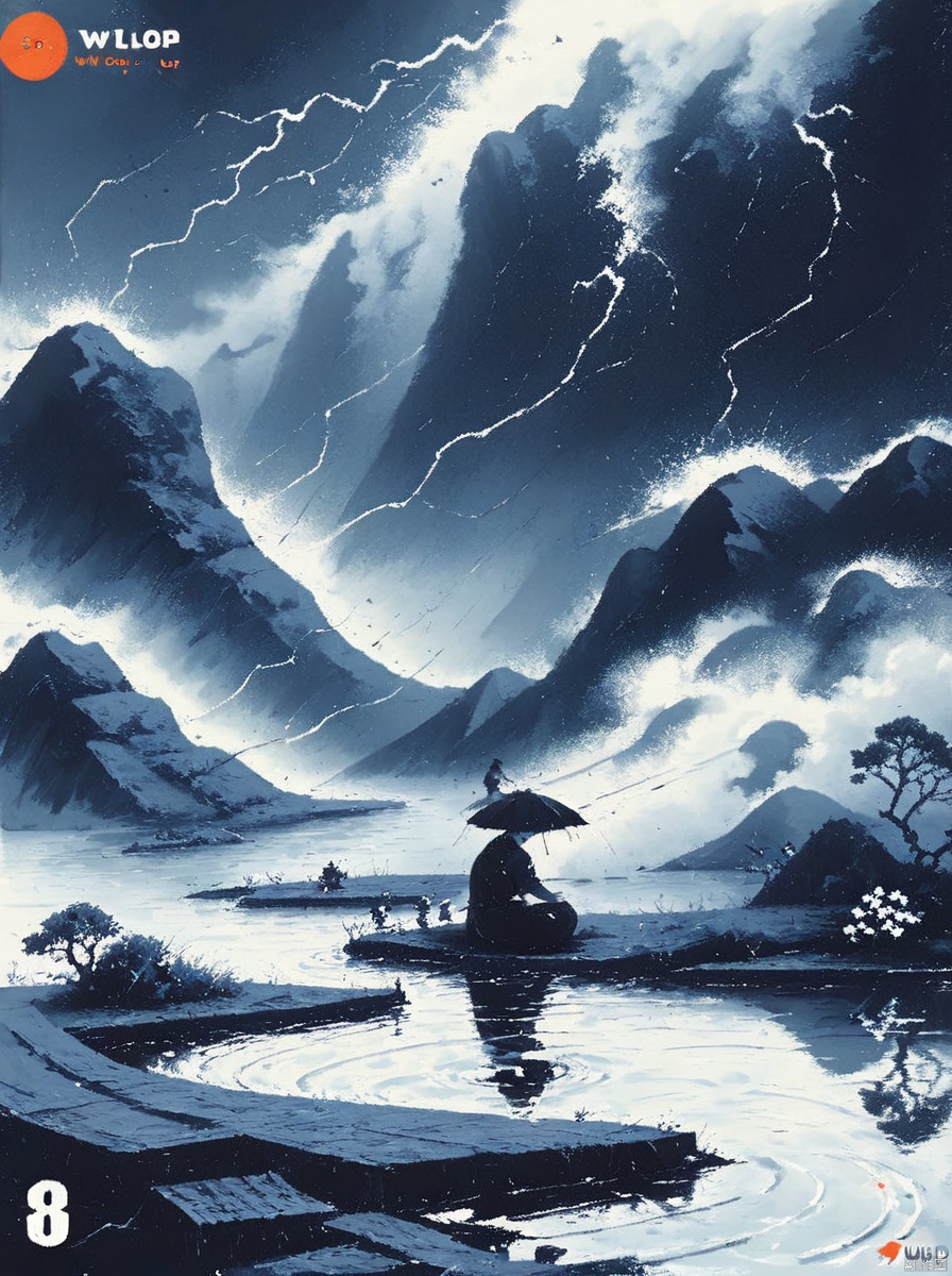  by wlop, (score_9,score_8_up,score_7_up,score_6_up,score_5_up), ancient chinese style, The clouds darken as if about to rain, the water ripples and mist rises, amidst the thunderous roar of lightning splitting the sky asunder