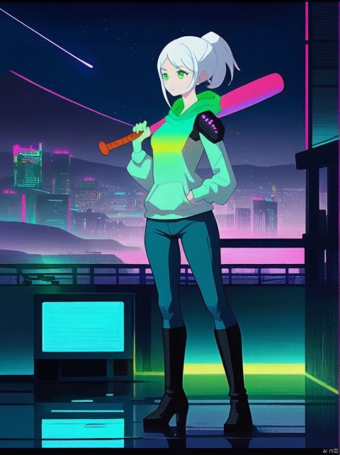 White hair, green eyes, female, wearing a tight light hoodie, skinny jeans, cyberpunk background, distant city, light pollution, light pollution, neon lights, in the wilderness, sexy figure, black knee-high boots, night, baseball bat in hand, baseball bat carried on the shoulder