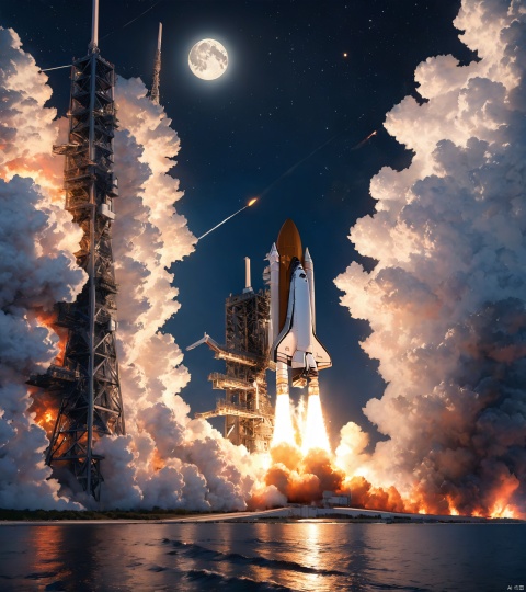 1 space shuttle is launching FROM The John F. Kennedy Space Center located on Merritt Island, Florida,, ((AT NIGHT TIME))magnificent flame and smoke, best quality, clear sky, MOON, STARS photorealistic, DonMPl4sm4T3chXL ,Renaissance Sci-Fi Fantasy,EpicSky