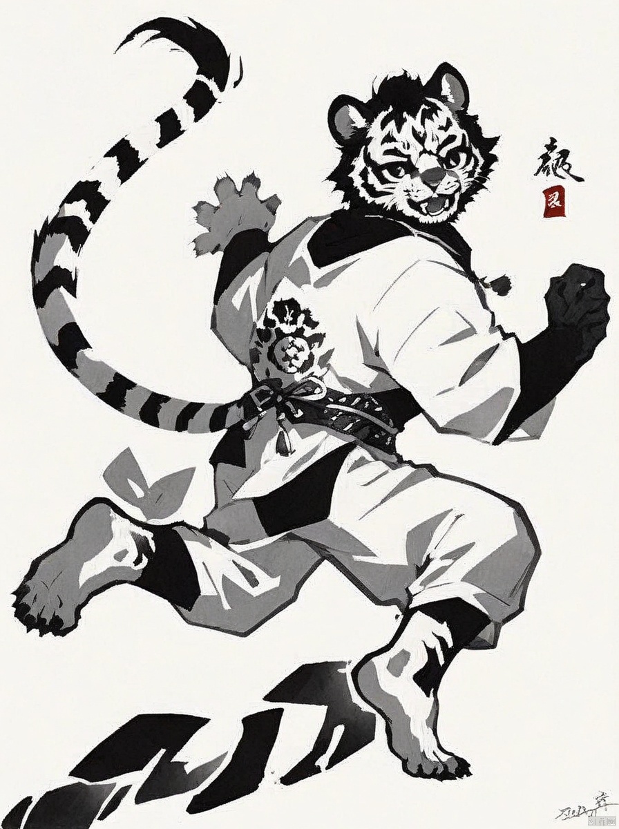  ink-painting,grayscale, monchrome,solo,1boy,male focus,armor,shoulder armor,tail,furry,white background,full body,animal ears,signature,looking at viewer,furry male,pauldrons,japanese armor,simple background,barefoot,pants,facial hair,fangs,tiger,tiger tail,tiger ears,open mouth,teeth,year of the tiger,muscular,