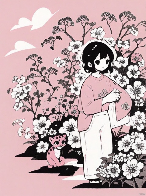 (Flat color: 1.2) The screen imitates the Gucci style, with a pink background and an overall non crowded image. A girl is surrounded by flowers and plants in the flower bushes, dressed in a wave shirt, without a headdress, and with short black hair; The screen content presents many types of flowers in the spring outdoor natural garden (with more and smaller flowers), and the picture quality is soft and clear; Pink Panther, Heart shaped