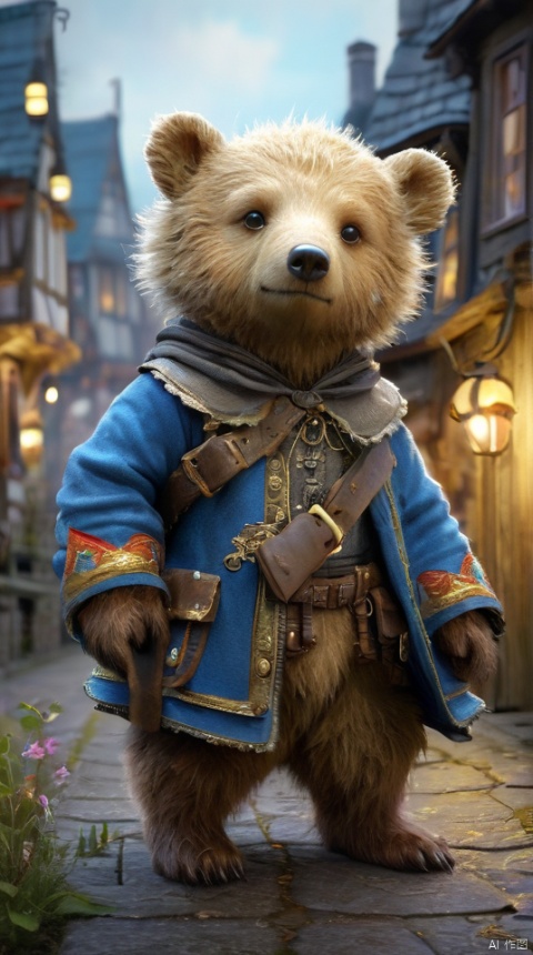  Hyper-detailed painting, Jean-Baptiste Monge style, The cute little brave bear is in the novice village, wearing adventurer clothes, splash, glittering, cute and adorable, filigree, lights, fluffy, magic, surreal, fantasy, digital art, ultra hd, hyper-realistic illustration, vivid colors, UHD, cinematic perfect light, greg rutkowski