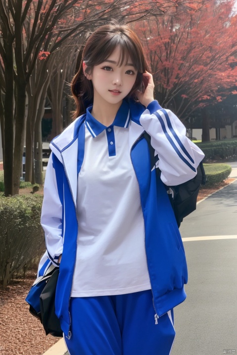  ((HRD, HUD, 8K)),((masterpiece, best quality)), highly detailed, soft Campus photo shoots, 1girl, jacket, solo, outdoors, brown hair, v, shirt, blue pants, double v, realistic, open jacket, blurry background, pants, blurry, blue jacket, looking at viewer, tree, white jacket, track jacket, photo background, open clothes, white shirt,