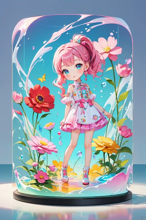  the beauty is standing on the flower,the facial details are perfect,and the character details are exquisite,trendy fashion clothes,trendy portraits,bright colors,clean background,3D cartoon style rendering,Panoramic view,large aperture,pop Mart production,delicate gloss,8K gradient translucent glass melt,frosted glass,,