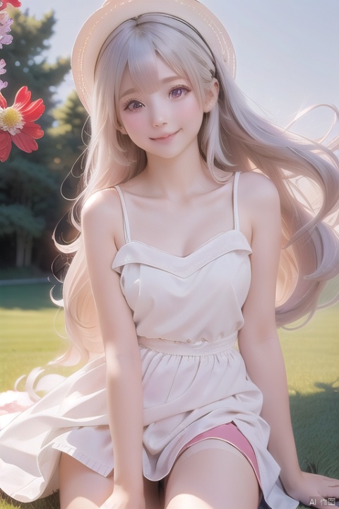  Masterpiece,CG,best,masterpiece,high definition display,1girl, Highest quality,HD quality,8k,3D rendering,Live-action painting style,Masterpieces Beautiful long white hair,White and red eyes with frost Anime, jingliu, (Wearing white stockings:1.0), Bright Sunshine,Standing on a pile of gravel,A Clear Sky,(A happy smile:1.2), (Wearing denim shorts:1.0),(Wearing a white vest:1.0) (sit on the grass:1.2),(Wearing a sunshade hat:1.0)