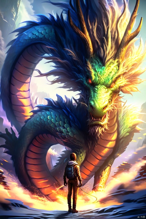  A sci-fi teenager with a dragon phantom behind him