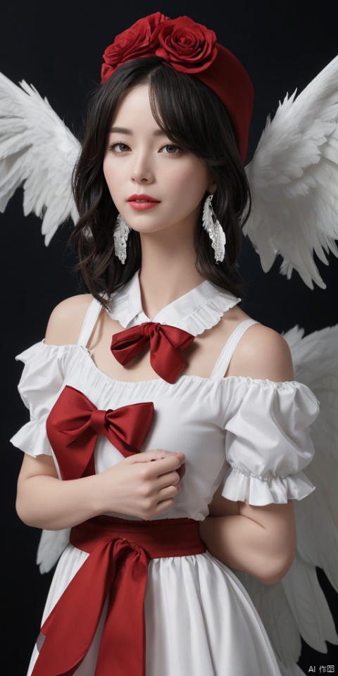  1girl, solo, short hair, simple background, black hair, jewelry, earrings, black eyes, lips, portrait, realistic,feathered wings, angel wings, white wings,Best quality, 8k, cg,A girl formed by light,solo,glowing,black_background,light,A dress formed by light,starry_background,zj

1girl, solo, breasts, looking at viewer, smile, short hair, bangs, red eyes, hat, dress, bow, ribbon, holding, hair between eyes, bare shoulders, jewelry, closed mouth, blue hair, standing, flower, short sleeves, cowboy shot, earrings, outdoors, frills, detached sleeves, wings, sky, puffy sleeves, cloud, white dress, red bow, red ribbon, puffy short sleeves, wrist cuffs, ascot, night, rose, white headwear, moon, mob cap, hat ribbon, bat wings, brooch, red flower, night sky, full moon, red rose, bat \(animal\), red ascot, scarlet devil mansion, remilia scarlet