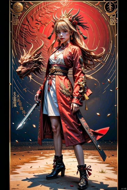 ,endured_face,40岁台湾女,胖加码模特,(杰作,顶级品质,最好的质量,官方艺术),,(分形艺术:1.1),(丰富多彩的:1.1)(:1.3),最详细的,( dressed in
traditional Chinese attire stands in front of a dreamy red dragon head,wielding a sword, wearing a conical hat,with a handsome posture. The image includes front-facing, half-body,and full-body shots.The picture style is inspired by the Three Kingdoms and the Northern and Southern Dynasties, blending elements ofJapaneseculture:1.2),(古风粉色水光纱睡衣),(抽象背景:1.3),(中国传统布艺:1.2),(有光泽的皮肤),(很多颜色:1.4),,(((肥壮))),美丽的曲线。迷人笑容,(((中国传统旗袍,百褶裙,长裙))),圆脸,天际线,(((大胃王))),梨形身体,(((肚子圆润可爱))),体重超过200磅,(,靓丽颜色),色彩鲜明,(((全身fullbody))),(描绘细致),(自然生动),可爱,强烈包裹感。柔软丰满腹部,非常紧身的中国古代的服装,旗袍,精确的人体结构,迷人曲线,（健美的大腿）,（((肥壮))）,（肌肉发达的大腿）,((顶级肖像照片)),(((包裹感))),强烈震撼力,超级的细节,疯狂的精细度,电影照明,工作室质量,高清,丁达尔效应,写实,细腻皮肤, Angel, nai3, 1 girl, (\shuang hua\), pink fantasy, hzbz, 372089