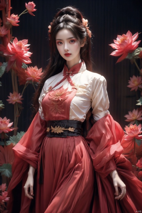  1girl,cowboy_shot,(lotus:1.2),shiny skin,realistic style with fantasy elements,jewelry,Surrealism,wide sleeves,detailed clothing,dress,chinese clothing,chinese new year,elegant posture,lantern/lamp,(chiaroscuro,Fujicolor, UHD, super detail ,raw,85mm,f/1.2,FujifilmXT4,), 1girl, xiqing
