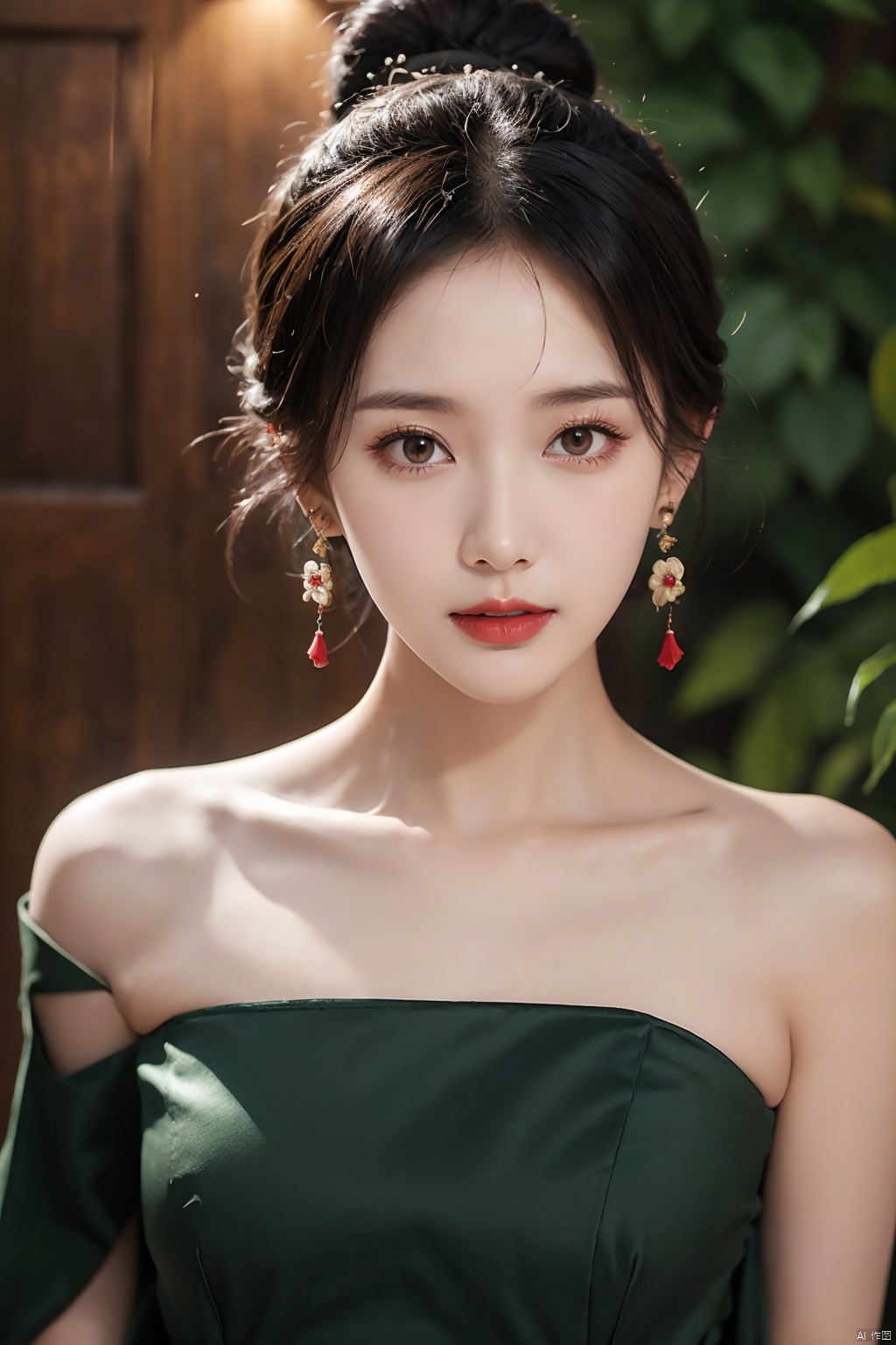  1girl, bare shoulders, black hair, breasts,Wooden wall, bush,Dai ethnic skirt, earrings, flower, garden,Chinese Dai ethnic clothing,Diagonal draped light gauze skirt, strapless dress, grass, hair bun, jewelry, makeup, outdoors, plant, red lips, solo, standing, depth of field