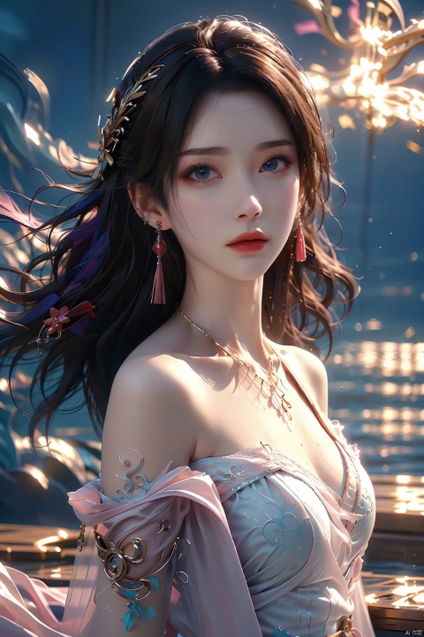  1girl,Bangs, off shoulder, colorful_hair, ((colorful hair)),golden dress, yellow eyes, chest, necklace, pink dress, earrings, floating hair, jewelry, sleeveless, very long hair,Looking at the observer, parted lips, pierced,energy,electricity,magic,tifa,sssr,blonde hair,jujingyi,
(art by Anna Dittman:1)(art by Alessio Albi:1.2),(masterpiece, top quality, best quality, official art, beautiful and aesthetic:1.2),Fine handmade fabric,Dramatic light,cover art body art future girl,A shallow smile,1girl,16yo, Korean Idol, Dynamic Dance, Sexy Clothing,(Oceans:1.5), oil tankers is in the background,cheongsam,White clothes, HUBG_Beauty_Girl, pinger, sd mai, HUBG_Rococo_Style(loanword), yunyun_(yunyun)
