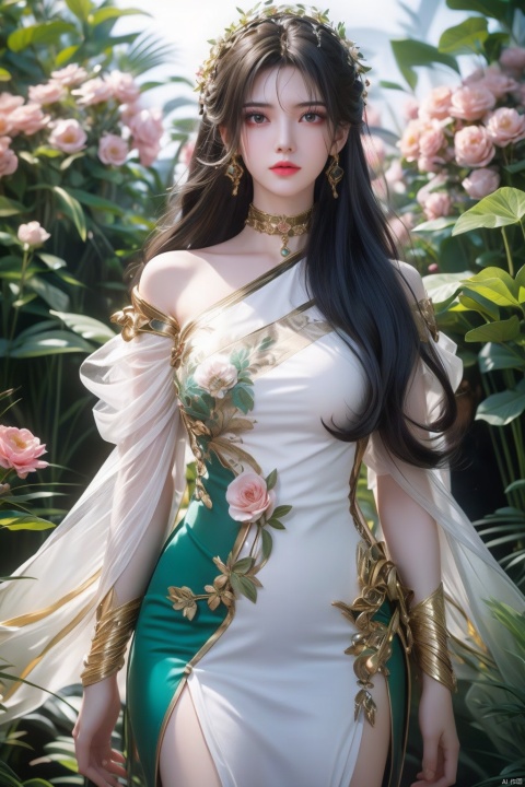  A girl,silk,cocoon,spider web,Solo,Complex Details,Color Differences,Realistic,(Moderate Breath),Off Shoulder,Eightfold Goddess,Pink Long Hair,White Headwear,Hair Above One Eye,Green Eyes,Earrings,Sharp Eyes,Perfect Fit,Choker,Dim Lights,cocoon,transparent,jiBeauty,1girl,flowers,mtianmei,Look at the camera.,flowing skirts,Giant flowers,, pld