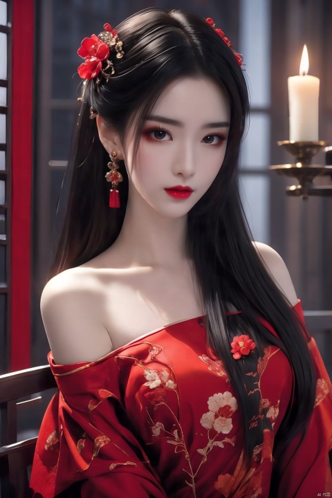  1girl,hair ornament,solo,flower,hair flower,candle,earrings,jewelry,black hair,black eyes,blurry,lips,red lips,looking at viewer,tassel,depth of field,makeup,realistic,(red_clothes:1.3),chinese clothes,floral print,upper body,medium breasts,off-the-shoulder,sitting, ylj-hd, yanlingji