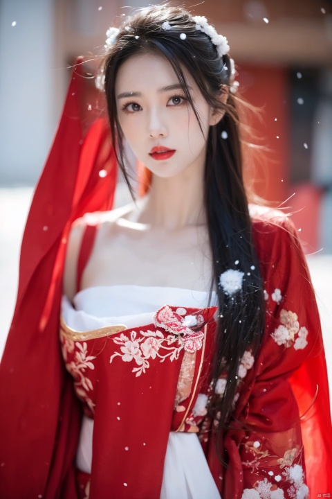  arien_hanfu,1girl,(falling_snow:1.2),looking_at_viewer,,(big breasts:1.1), 1girl