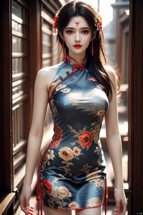 Cheongsam design, with Van Gogh's sunflower pattern, the model stands in a Chinese-style building, wearing a flower on the head that echoes the cheongsam, the whole body,china dress,Ripped_stockings,, qipao, tyqp, yunyun_(yunyun)