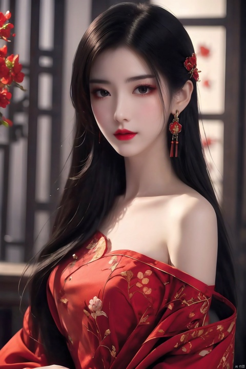  1girl,hair ornament,solo,flower,hair flower,candle,earrings,jewelry,black hair,black eyes,blurry,lips,red lips,looking at viewer,tassel,depth of field,makeup,realistic,(red_clothes:1.3),chinese clothes,floral print,upper body,medium breasts,off-the-shoulder,sitting, ylj-hd, yanlingji