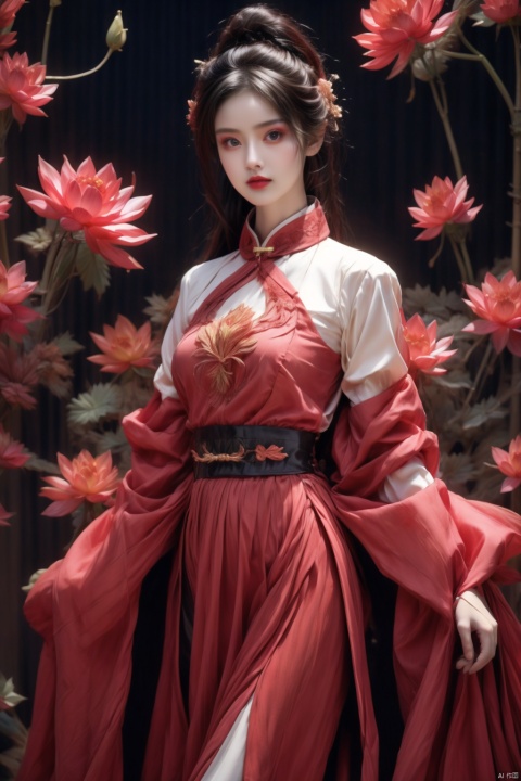  1girl,cowboy_shot,(lotus:1.2),shiny skin,realistic style with fantasy elements,jewelry,Surrealism,wide sleeves,detailed clothing,dress,chinese clothing,chinese new year,elegant posture,lantern/lamp,(chiaroscuro,Fujicolor, UHD, super detail ,raw,85mm,f/1.2,FujifilmXT4,), 1girl, xiqing