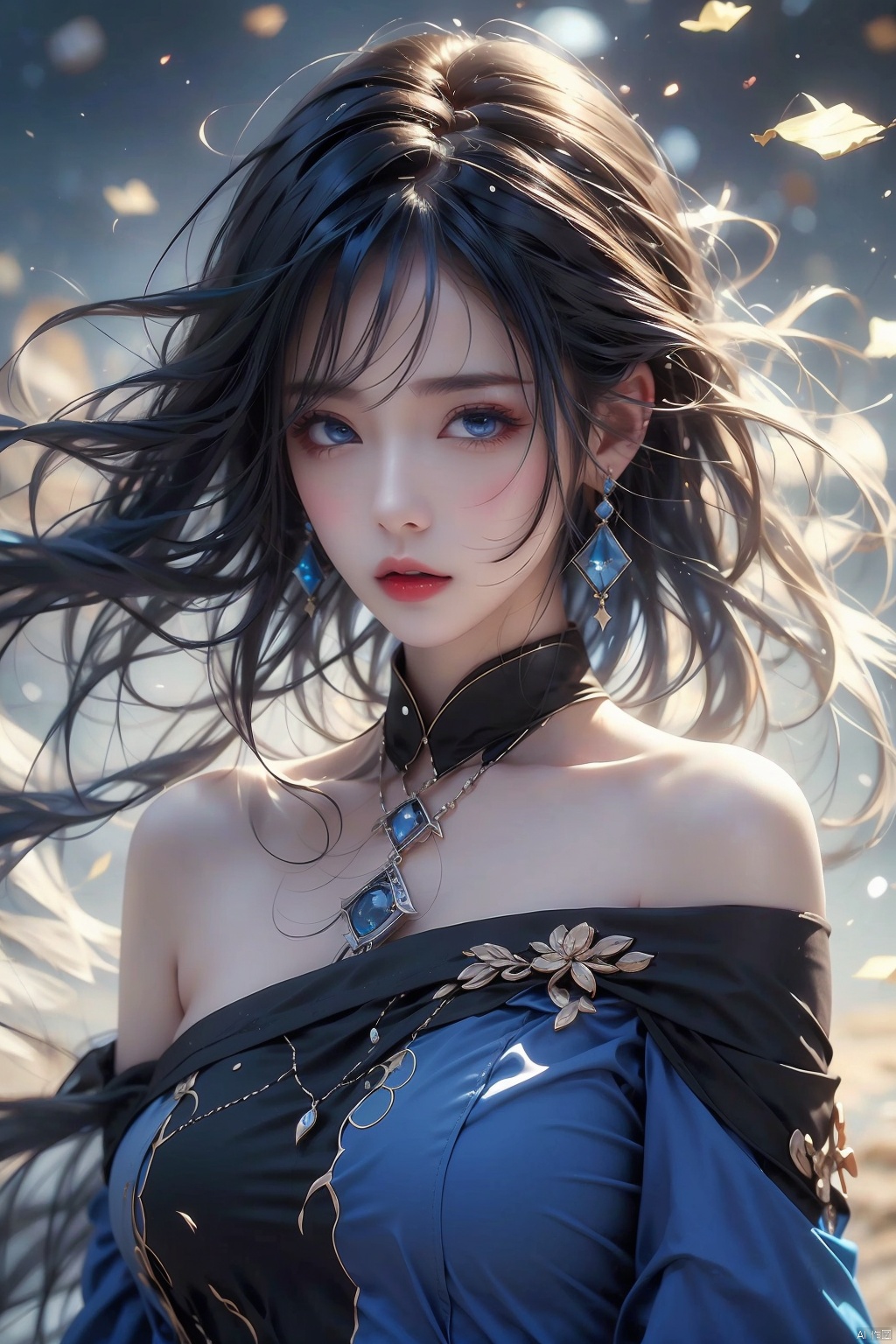  1girl,Bangs, off shoulder, black hair, blue dress, blue eyes, chest, earrings, dress, earrings, floating hair, jewelry, sleeveless, short hair,Looking at the observer, parted lips, pierced,energy,electricity,magic, dofas