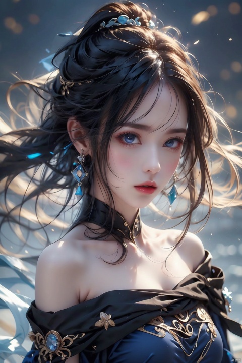  1girl,Bangs, off shoulder, black hair, blue dress, blue eyes, chest, earrings, dress, earrings, floating hair, jewelry, sleeveless, short hair,Looking at the observer, parted lips, pierced,energy,electricity,magic, dofas
