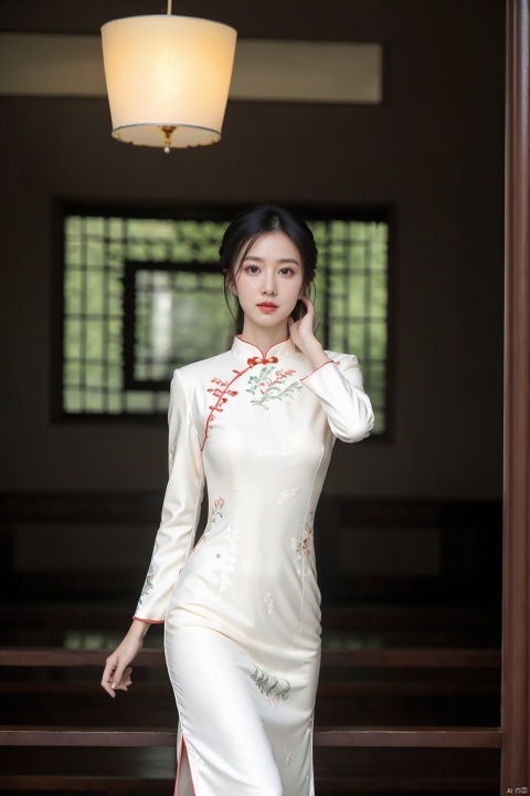  (global illumination, reality,ray tracing, HDR, unreal rendering, reasonable design, high detail, masterpiece,best quality, ultra high definition, movie lighting),
1girl,outdoor,looking_at_viewer,side_blunt_bangs,china_dress,chinese_style,big breasts,pose,solo,1girl,black hair,black eyes, cheongsam