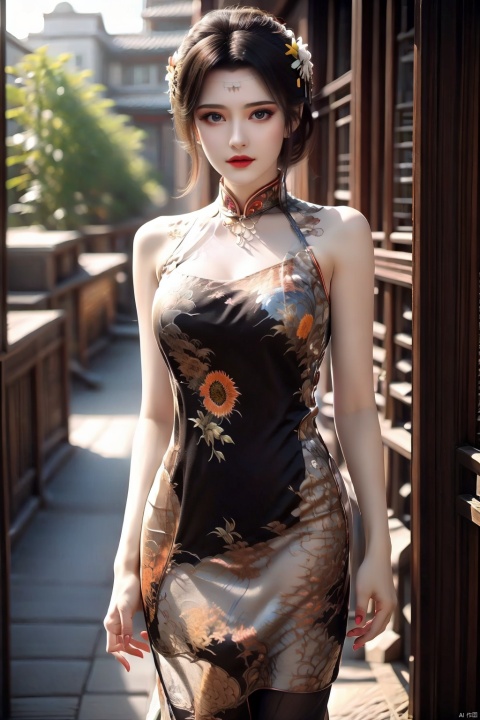 Cheongsam design, with Van Gogh's sunflower pattern, the model stands in a Chinese-style building, wearing a flower on the head that echoes the cheongsam, the whole body,china dress,Ripped_stockings,, qipao, tyqp, yunyun_(yunyun)