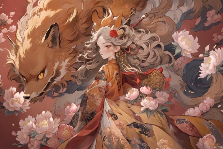 Nine tailed fox, beautiful woman, The clothes are gorgeous in Chinese style, with peony patterns, and the hairstyle is Chinese style with curly hair and gold jewelryscreen, Chinese style