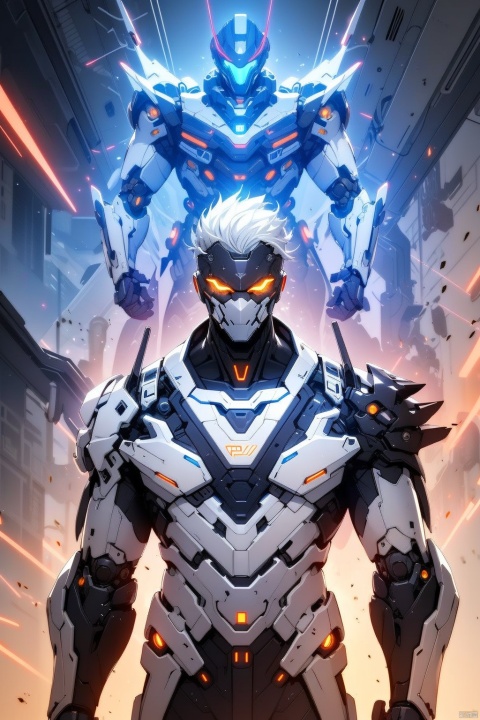  Beautiful young man, sunny and outgoing, with white hair, a futuristic battle suit, steel mech, and a sci-fi background of cyberpunk