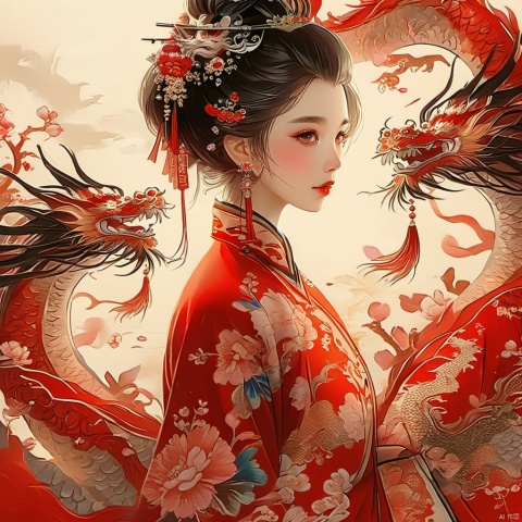  xcfs,1girl,hair ornament,earrings,solo,jewelry,flower,upper body,chinese clothes,looking at viewer,black hair,hair stick,red lips,from side,floral print,long sleeves,bird,tassel,makeup,holding,branch,hair bun,dragon,, masterpiece, best quality, xcfs