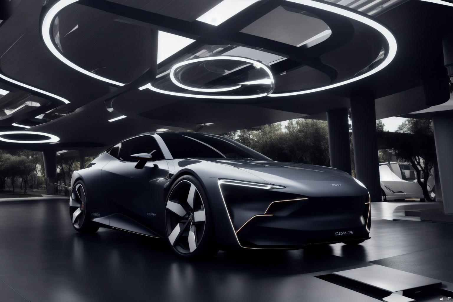  Outdoor, daytime, trees, glowing metal rings, There is a halo above the car, and energy flows into the car,angel rings, ground vehicles, scenery, motor vehicles, cars, roads, vehicle focus, Sony camera, modern architectural background, 8k, DSLR photos, crawler, emauromin style