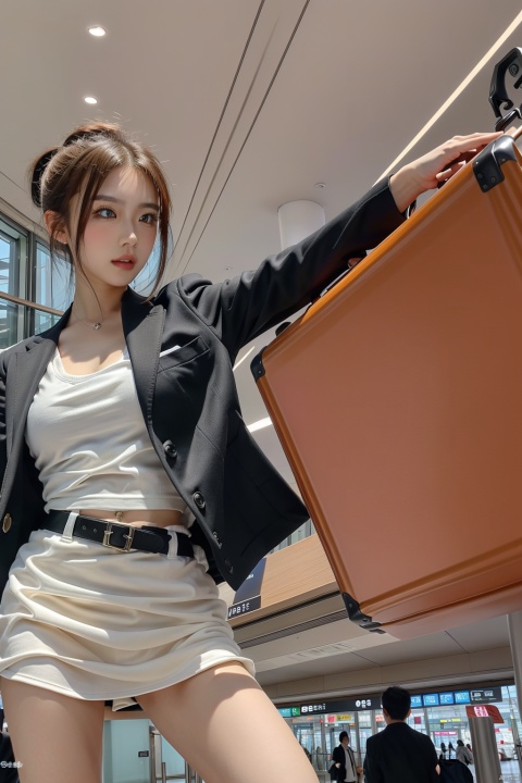  masterpiece, ultra detailed, high quality, 1girl, (blush, red face, parted lips),take a silver suitcase, detailed lips, (solo), cheongsams  in black suit,half body, hold a passport,ponytail, short hair, long channel,(purpleeyes:1.1),,airport,机场,Wide passage, ll-hd