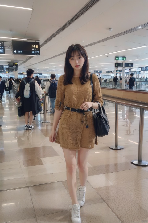  (RAW photo, best quality), (realistic, photo-realistic:1.3), ultra high res, high res, (masterpiece), (best quality:1.4), (bare legs:1.3)side walk,机场, 1girl,moyou,airport,机场