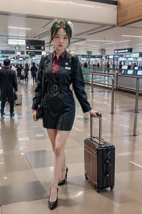  masterpiece, ultra detailed, high quality, 1girl, (blush, red face, parted lips),Walking with a silver suitcase, detailed lips, (solo), wide shot, scenery, full body, Flight attendant uniform, green hair, hair between eyes, ponytail, short hair, (purple eyes:1.1), hair ornament,kukishinoburnd,airport,机场,Wide passage, ll-hd