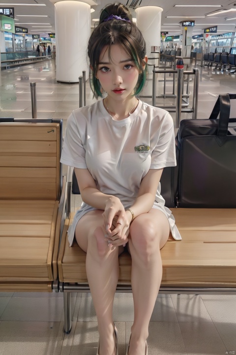 masterpiece, ultra detailed, high quality, 1girl, (blush, red face, parted lips),Pulling the suitcase, detailed lips, sitting in bench, (solo), wide shot, scenery, full body, Kuki Shinobu, green hair, hair between eyes, ponytail, short hair, (purple eyes:1.1), hair ornament, kukishinoburnd,airport,机场