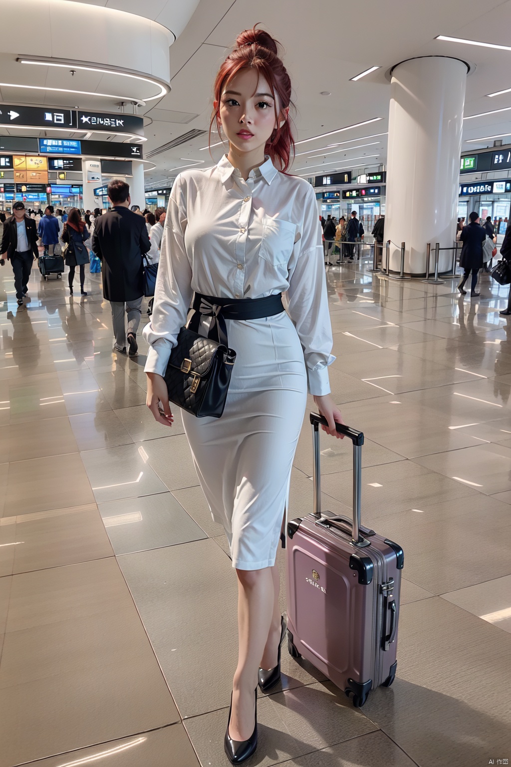  masterpiece, ultra detailed, high quality, 1girl, (blush, red face, parted lips),Walking with a silver suitcase, detailed lips, (solo), wide shot, scenery, full body, Flight attendant uniform, red hair, hair between eyes, ponytail, short hair, (purple eyes:1.1),,airport,机场,Wide passage, ll-hd