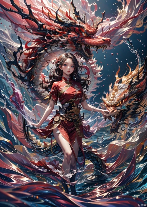  water,Highest picture quality,1 girl and chinese dragon,red