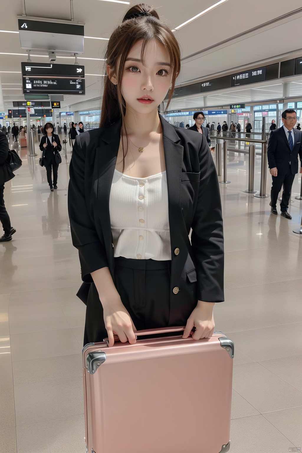  masterpiece, ultra detailed, high quality, 1girl, (blush, red face, parted lips),take a silver suitcase, detailed lips, (solo), cheongsams  in black suit,half body, hold a passport,ponytail, short hair, long channel,(purpleeyes:1.1),,airport,机场,Wide passage, ll-hd