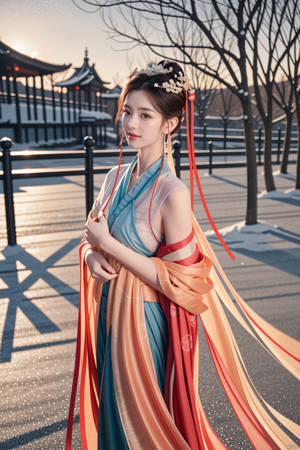  photo of 3 beautiful age 20 girls, blonde, redhead, brunette, sexy, beautiful, , smiling, dslr, 8k, 4k, cinematic film still, natural skin, textured skin,outdoors, snow, realism, yue , hair ornament , hanfu,dance,wind,<lora:660447313082219790:1.0>