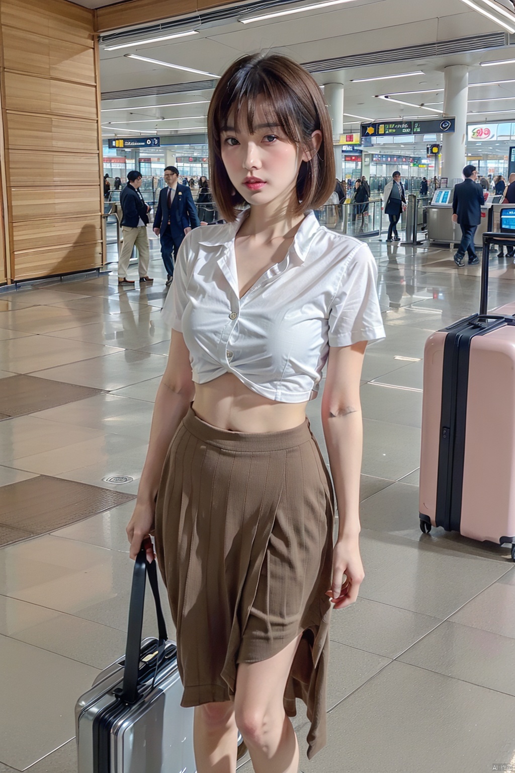  masterpiece, ultra detailed, high quality, 1girl, (blush, red face, parted lips),set on a silver suitcase, detailed lips, (solo), see-through blouses,navel,wide shot, scenery, half body, Flight attendant uniform, blonde hair, hair between eyes, passport,ponytail, short hair, long channel,(purpleeyes:1.1),,airport,机场,Wide passage, ll-hd,moyou