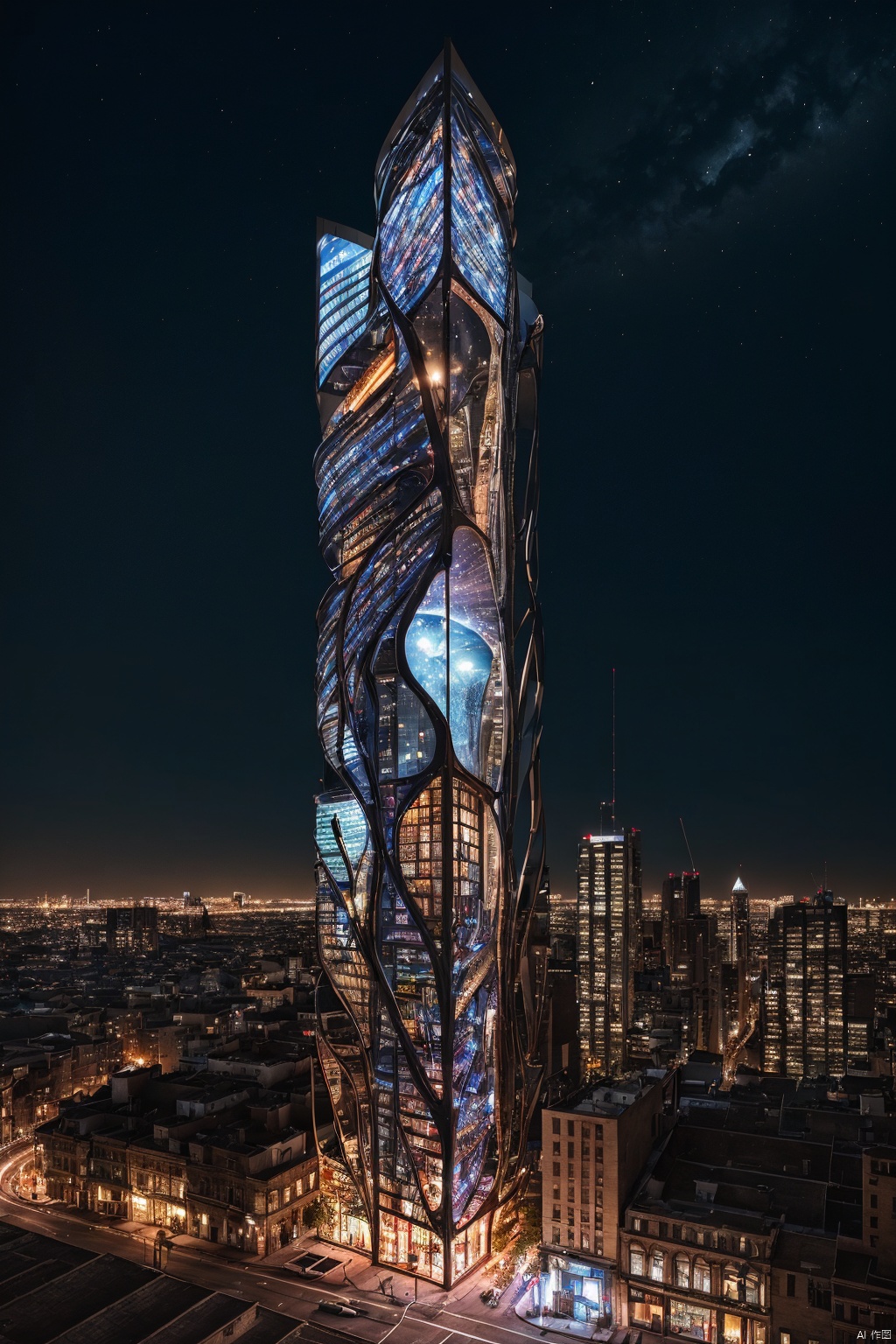 building, mc, art, dream, bionic, installation, city, night  