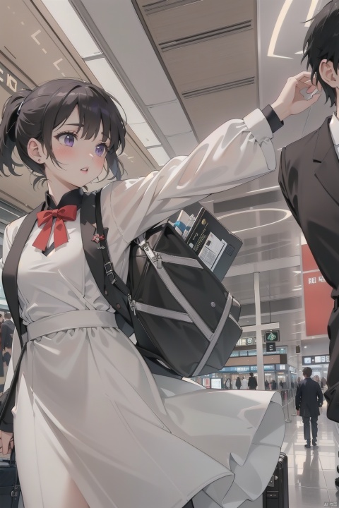  masterpiece, ultra detailed, high quality, 1girl, (blush, red face, parted lips),take a silver suitcase, detailed lips, (solo), cheongsams in black suit,half body, hold a passport,ponytail, short hair, longchannel,(purpleeyes:1.1),,airport,机场,Wide passage, ll-hd