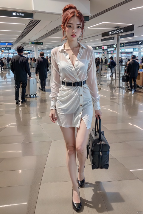  masterpiece, ultra detailed, high quality, 1girl, (blush, red face, parted lips),Walking with a silver suitcase, detailed lips, (solo), wide shot, scenery, full body, Flight attendant uniform, red hair, hair between eyes, ponytail, short hair, (purpleeyes:1.1),,airport,机场,Wide passage, ll-hd