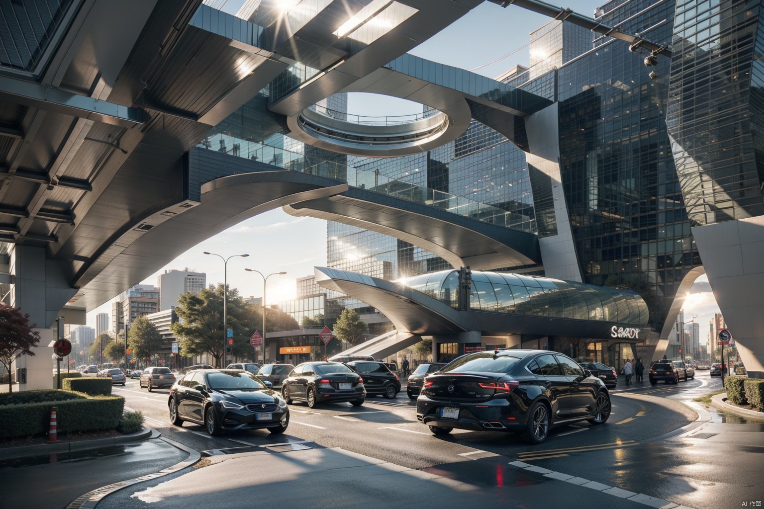  Outdoor, daytime, trees, glowing metal rings, angel rings, There is a halo above the car, and energy flows into the car,ground vehicles, scenery, motor vehicles, cars, roads, vehicle focus, camera_view, modern architectural background, 8k, DSLR photos, crawler,halo, vehicle_sqc, emauromin style