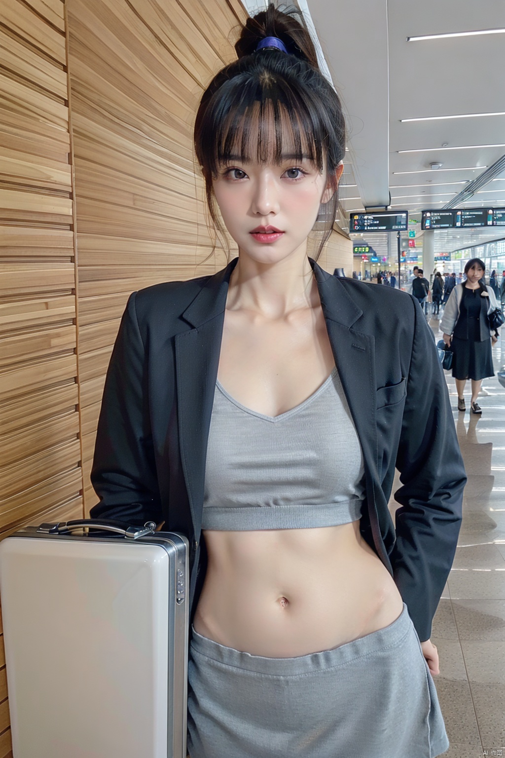  masterpiece, ultra detailed, high quality, 1girl, (blush, red face, parted lips),set on a silver suitcase, detailed lips, (solo), cheongsams,black suit,navel,wide shot, scenery, half body, Flight attendant uniform, blonde hair, hair between eyes, passport,ponytail, short hair, long channel,(purpleeyes:1.1),,airport,机场,Wide passage, ll-hd,moyou, nsfw