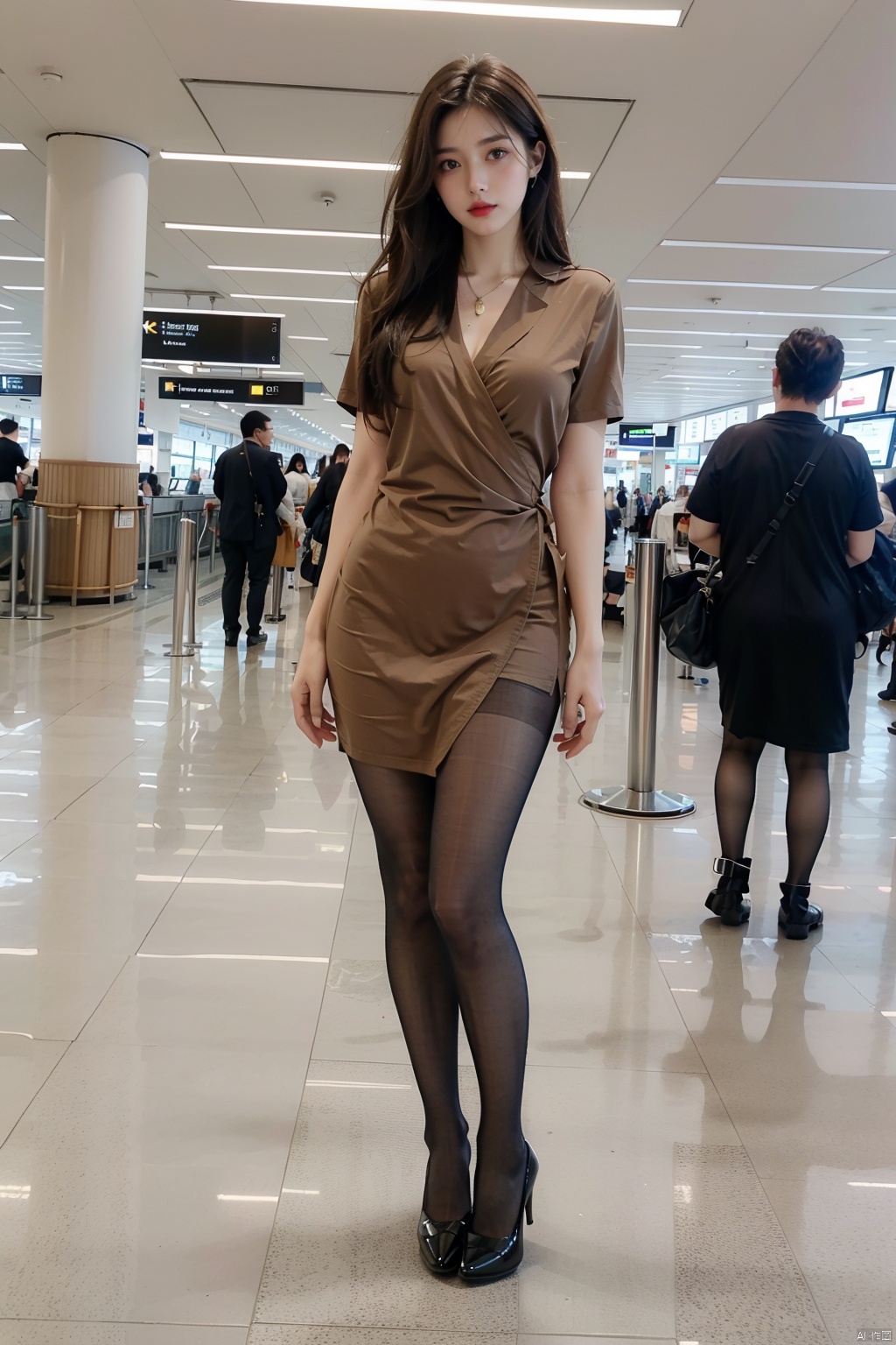 Lush,(masterpiece, best quality:1.2),highly detailed,extremely detailed,real photo, fullbody,1girl,solo,tall girl,long legs,looking at viewer,(body facing viewer:1.2),  red lips,brown long hair, （Open shirt）,short sleeves,(knees length dress), (240D wrap hip very thick pantyhose), airport