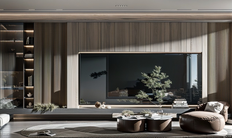  black Arch, modern,board Hall, transept, flowerpot,  Asian plants, modern architecture,one tv wall,Wood color system, Lao Chen