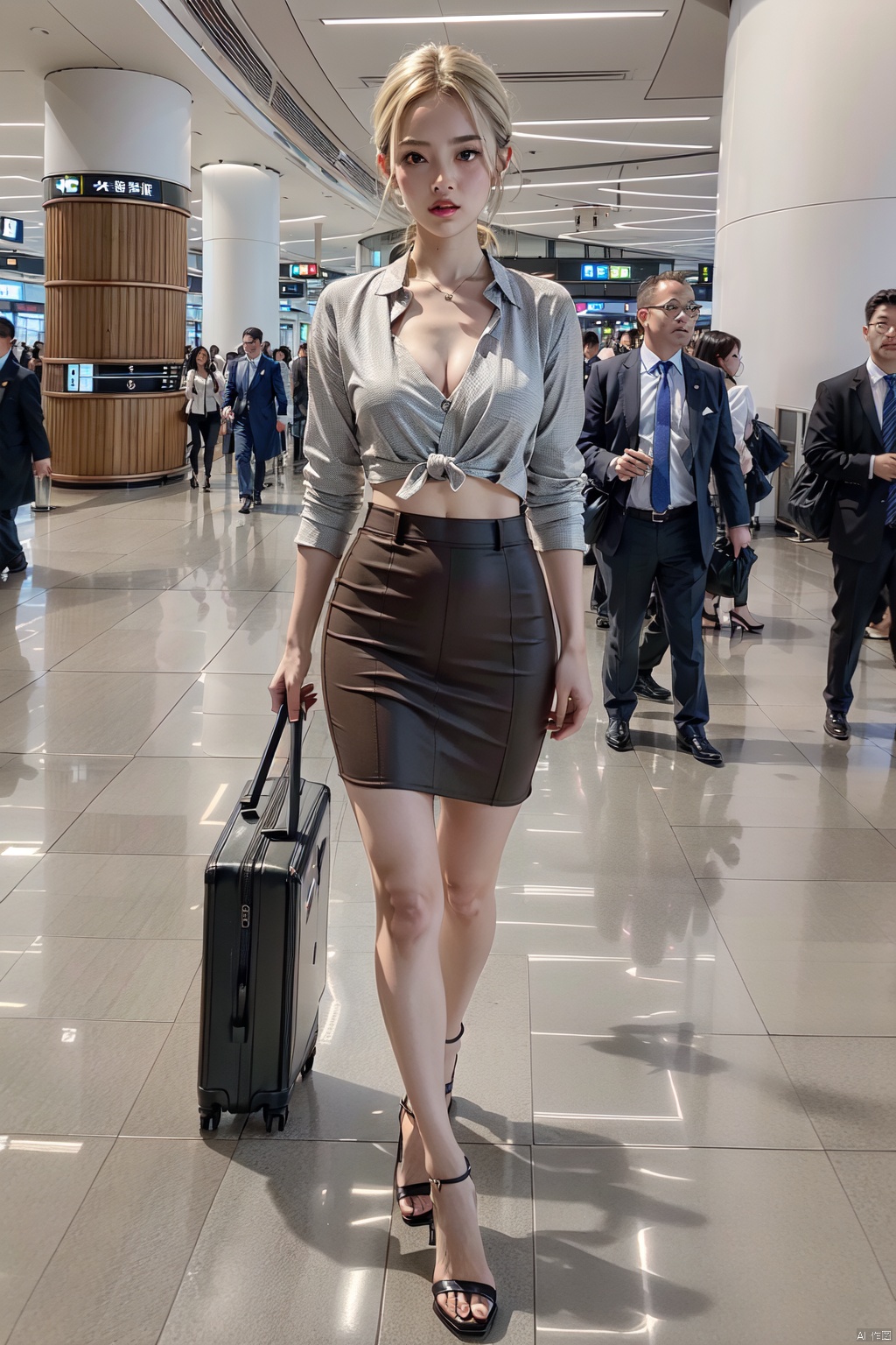  masterpiece, ultra detailed, high quality, 1girl, (blush, red face, parted lips),Walking with a silver suitcase, detailed lips, (solo), navel,wide shot, scenery, full body, Flight attendant uniform, blonde hair, hair between eyes, passport,ponytail, short hair, long channel,(purpleeyes:1.1),,airport,机场,Wide passage, ll-hd