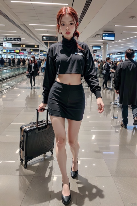  masterpiece, ultra detailed, high quality, 1girl, (blush, red face, parted lips),Walking with a silver suitcase, detailed lips, (solo), navel,wide shot, scenery, full body, Flight attendant uniform, red hair, hair between eyes, passport,ponytail, short hair, long channel,(purpleeyes:1.1),,airport,机场,Wide passage, ll-hd